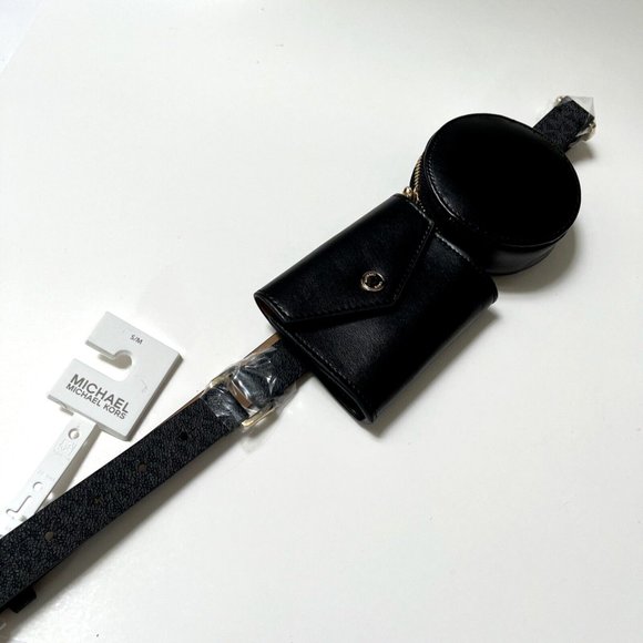 Michael Kors Double Pouch Belt Bag Black Leather MK Logo Waist Fanny Pack NWT - Picture 4 of 9